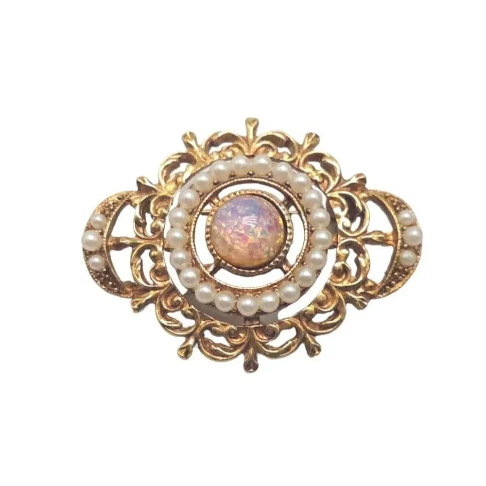 Confetti Foil Art Glass Faux Pearl Filigree Brooch Pin Gold Tone Vintage